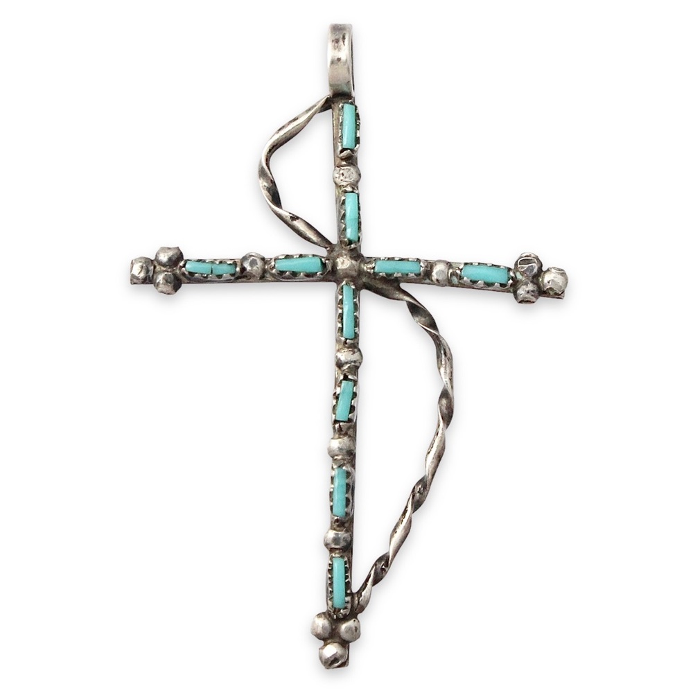 Vintage Turquoise Sterling Silver Cross Pendant Petit Point Zuni Native American